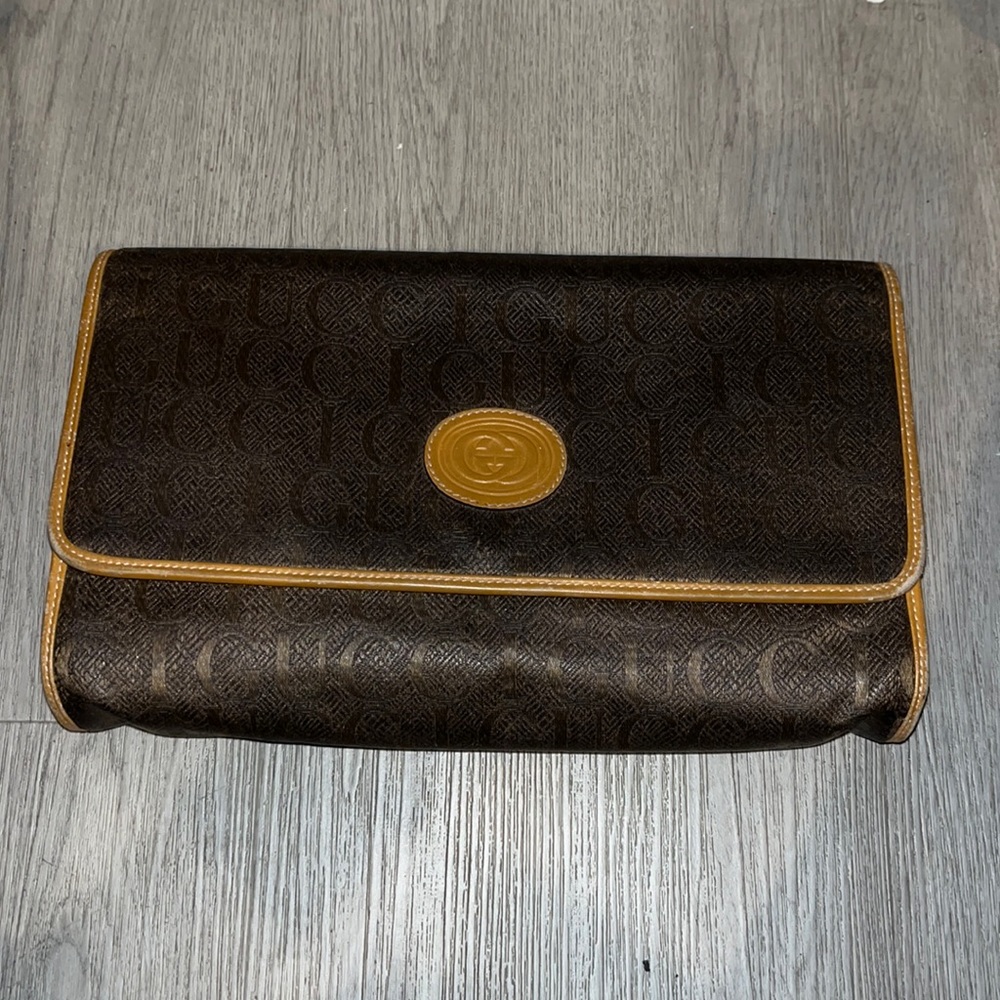 Gucci Vintage Brown Gucci Print Canvas And Camel Leather Shoulder Bag